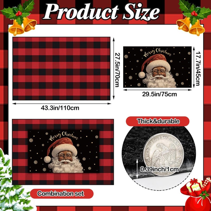 Fourluoo 2 Pcs Christmas Front Porch Rug Black Santa Christmas Door Mat Imitation Coco Coir Buffalo Plaid Xmas Welcome Layering Rug for Outdoor Winter Home Festival Holiday Decor, 28 x 43 Inch - Image 4